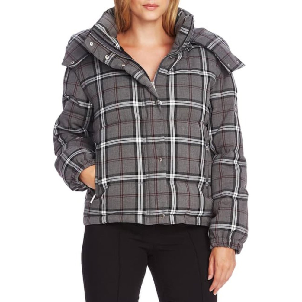 NWT VINCE CAMUTO Plaid Hooded Puffer Jacket sz XL